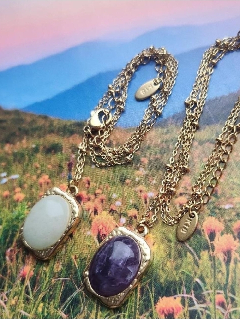 Gold-Plated Amethyst and White Stone Pendant Necklaces – Unbranded